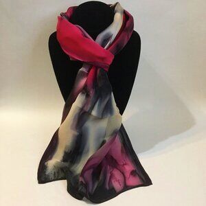 Hand Painted Silk Scarf Red Rose Cream Charcoal Black Rectangle Unique New Gift